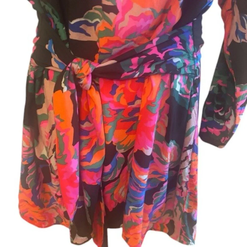 Zara Floral Mini Dress V Neck Tie Back Long Sleeve Size L - Picture 5 of 10